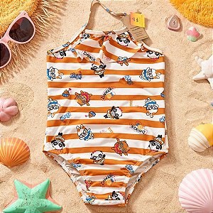 Maiô Infantil UV Listrado Panda todo Forrado Praia Piscina