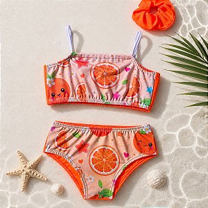 Biquíni Infantil Estampa Divertida Laranjas + Xuxinha Cabelo