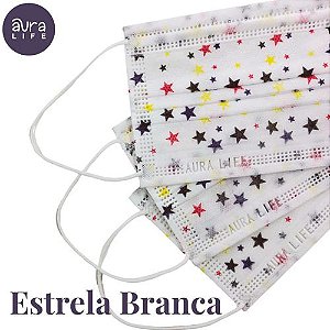 Máscara Cirúrgica Infantil Tripla Proteção Aura Life Cor Branca/Estrelinhas Com 50 Unidades