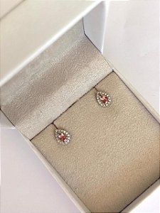 BRINCO OURO BRANCO TURMALINA ROSA E DIAMANTE