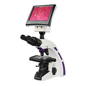 Microscópio Biológico Trinocular de Ótica Finita Acromático LED 3W Aumento 1600X Monitor LED 8" New Optics