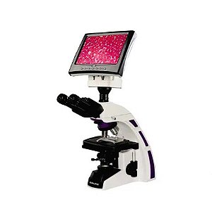 Microscópio Biológico Trinocular de Ótica Infinita Planacromático Aumento 1600x Monitor LED 8" New Optics