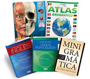 Kit Escolar 5 em 1 - 2 Atlas, 2 Dicionários, 1 Mini Gramática