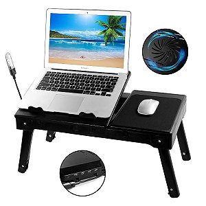 Mesa Suporte Dobrável para Notebook com Cooler, 4 Portas USB, Lâmpada LED, Mouse Pad, Porta Objetos, Ajuste de Altura e Inclinação, Ideal para Cama, Sofá ou Escritório