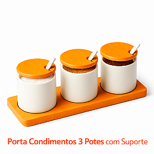 Porta Temperos Cerâmica com Colher e Tampa de Bambu – Porta Condimentos Redondo Jogo 3 Peças com Bandeja