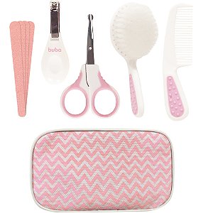 Kit cuidados com estojo para bebê - escova, pente, cortador de unhas, tesoura, lixas - Rosa - Buba