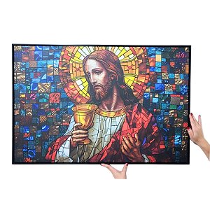 Quadro Jesus Geométrico em Estilo Vitral – Tecido Canvas e Moldura 63x93 cm