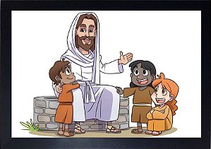 Quadro Desenho Jesus e Crianças 30x20cm com Moldura e Vidro