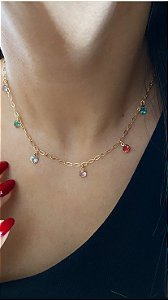 CHOKER ZIRCÔNIAS COLORIDAS- DOURADA