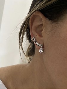 BRINCO EAR CUFF COM PINGENTE GOTA CRISTAL- PRATA