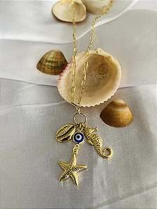COLAR VERÃO COM PINGENTES: OLHO GREGO, CAVALO MARINHO, ESTRELA E BÚZIO