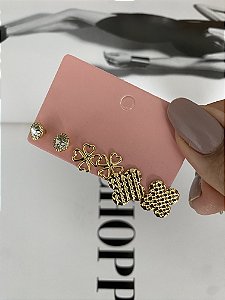 TRIO DE BRINCOS TREVOS+ PONTO DE LUZ- DOURADO