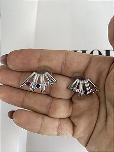 BRINCOS EAR CUFF PRATEADO- ZIRCÔNIAS COLORIDAS