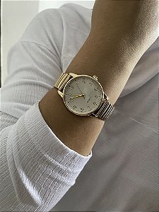 Relógio Analógico Feminino Elástico Dourado