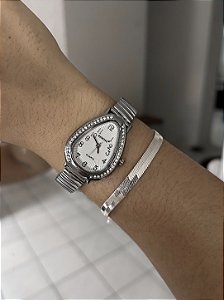 RELÓGIO CABEÇA DE COBRA COM STRASS- PRATEADO