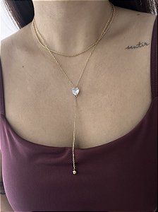 GRAVATINHA DUPLA EM AÇO INOX/COM PINGENTE ZIRCÔNIAS - DOURADA