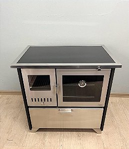 Fogão a Lenha Camino com Dupla Combustão Portas em Aço Inox e Chapa de Vitrocerâmica