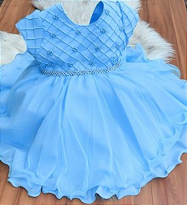 Vestido Azul Luxo Com Cinto Perolado