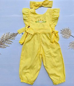 Macacao Amarelo Bordado Com Tiara