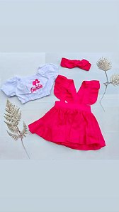 Conjunto barbie 3 peças bebe menina temático salopete e ciganinha