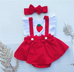 Salopete bebe menina morango fruta mesvers