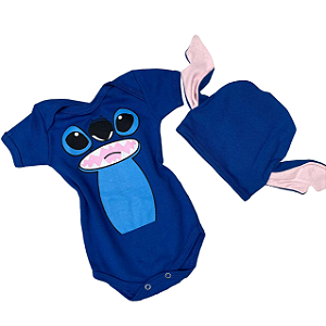 Stitch Lilo Body Infantil Temático Bebê - Com Touca