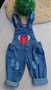 Jardineira jeans menina longa tema stitch