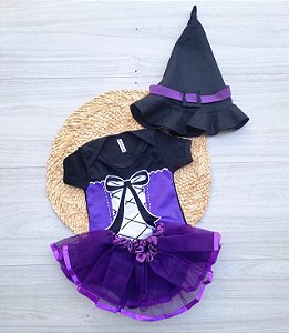 kit body bebe menina 3 peças halloween temático bruxinha