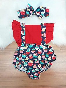 Jardineira Body Romper Bebe Menina Cupkcake