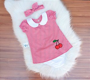 Vestido Xadrez Bebe Menina Cerejinha 3 Pcs Mesversario Tiara