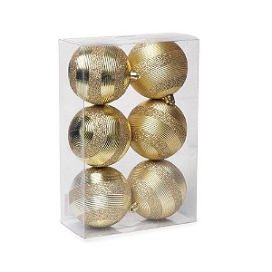 Bolas de Natal com Listras e Gliter Ouro 8cm / 6Pçs Cromus