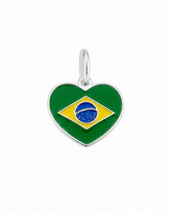 PINGENTE MEDALHA BANDEIRA BRASIL CORAÇÃO PRATA 925