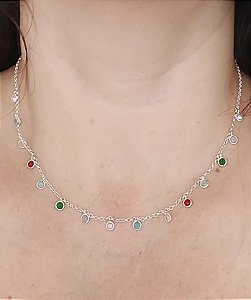 GARGANTILHA CHOKER ZIRCÔNIAS COLORIDAS PRATA 925