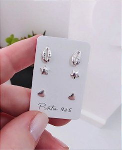TRIO PRATA 925 BÚZIOS CORAÇÃO ESTRELA