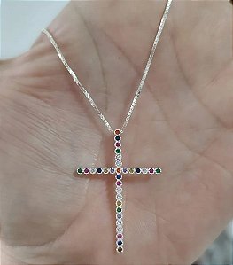 COLAR DE PRATA CRUZ CRAVEJADA COM ZIRCÔNIAS COLORIDAS