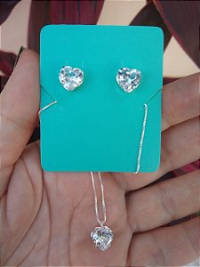 CONJUNTO CORAÇÃO ZIRCÔNIA CORES PRATA 925