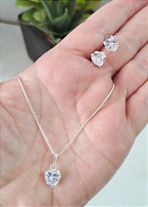CONJUNTO CORAÇÃO ZIRCÔNIA 8 MM PRATA 925
