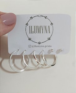 TRIO DE PRATA 925 ARGOLAS E PONTO DE LUZ