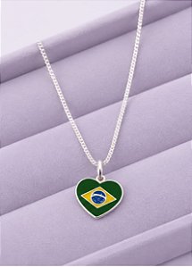 COLAR PRATA 925 MEDALHA CORAÇÃO BRASIL