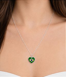 COLAR PRATA 925 MEDALHA CORAÇÃO BRASIL