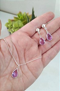 CONJUNTO PRATA 925 GOTA LILÁS ZIRCÔNIA