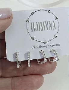 DUPLA DE ARGOLINHAS CLICK QUADRADA CRAVEJADA PRATA 925