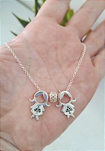 COLAR DOIS FILHOS PEDRAS JET PRATA 925