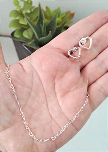 CONJUNTO CORRENTE ELO CORAÇÃO E BRINCO CORAÇÃO PRATA 925