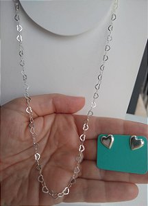 CONJUNTO CORRENTE ELO CORAÇÃO E BRINCO CORAÇÃO PRATA 925