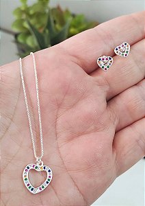CONJUNTO PRATA 925 CORAÇÃO CRAVEJADO ZIRCÔNIAS