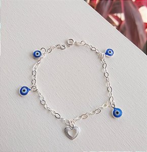 PULSEIRA OLHO GREGO E CORAÇÃO PRATA 925