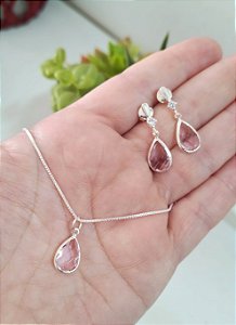 CONJUNTO PRATA 925 GOTA ROSA ZIRCÔNIA