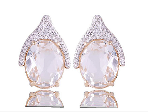 Brinco pedra natural cristal rocha, banho ouro 18k.