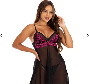 Camisola de Renda Bicolor com Calcinha Fio